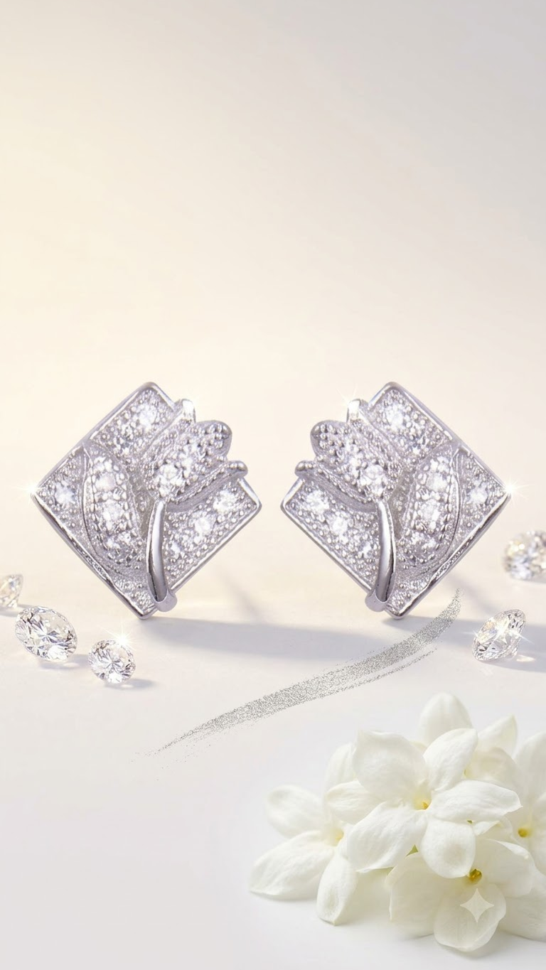925 Sterling Silver Flower On Square Cz studs