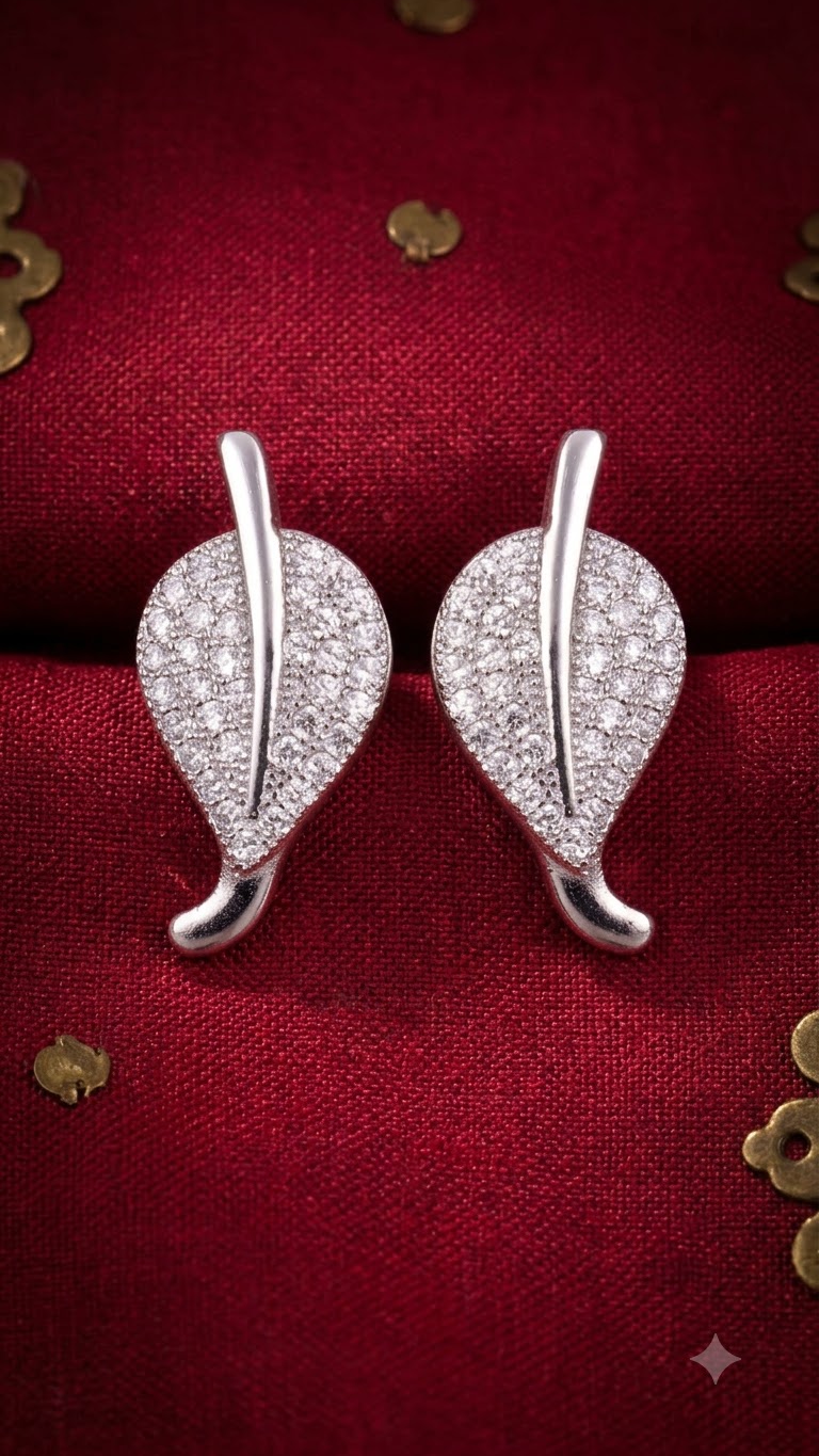 925 Sterling Silver Big Leaf Shape Cubic Zircon Studs