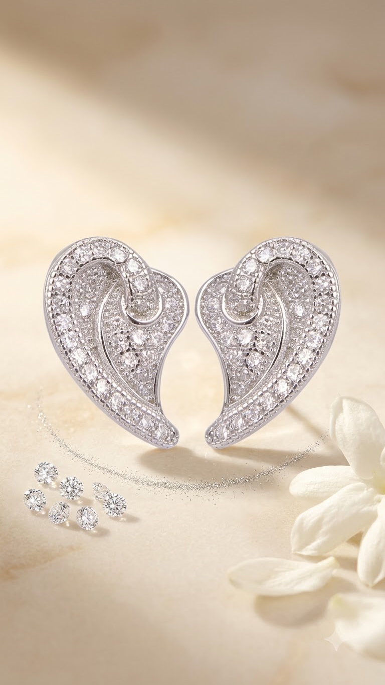925 Sterling Silver Heart-Shaped Cubic Zirconia Studs Earrings