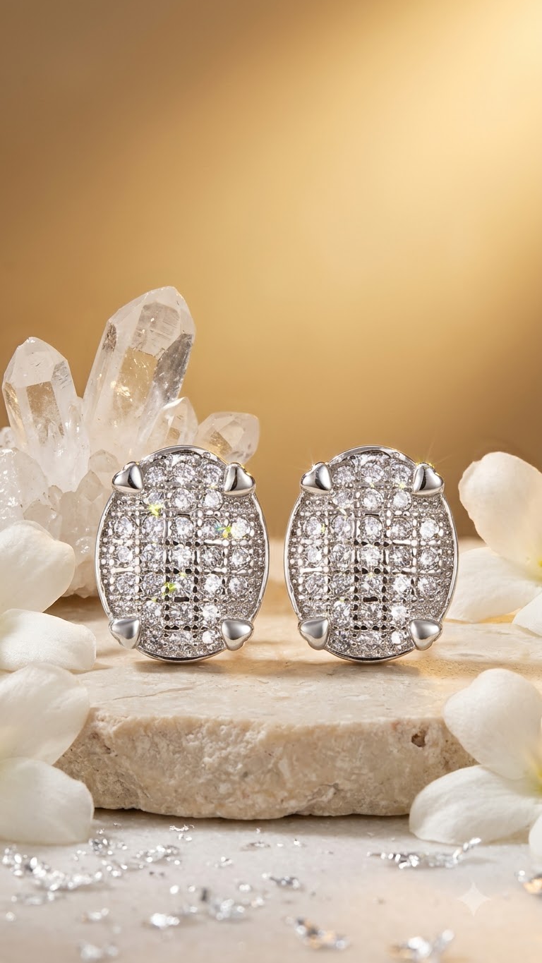 925 Sterling Silver Designer Oval Shape Cz Studs