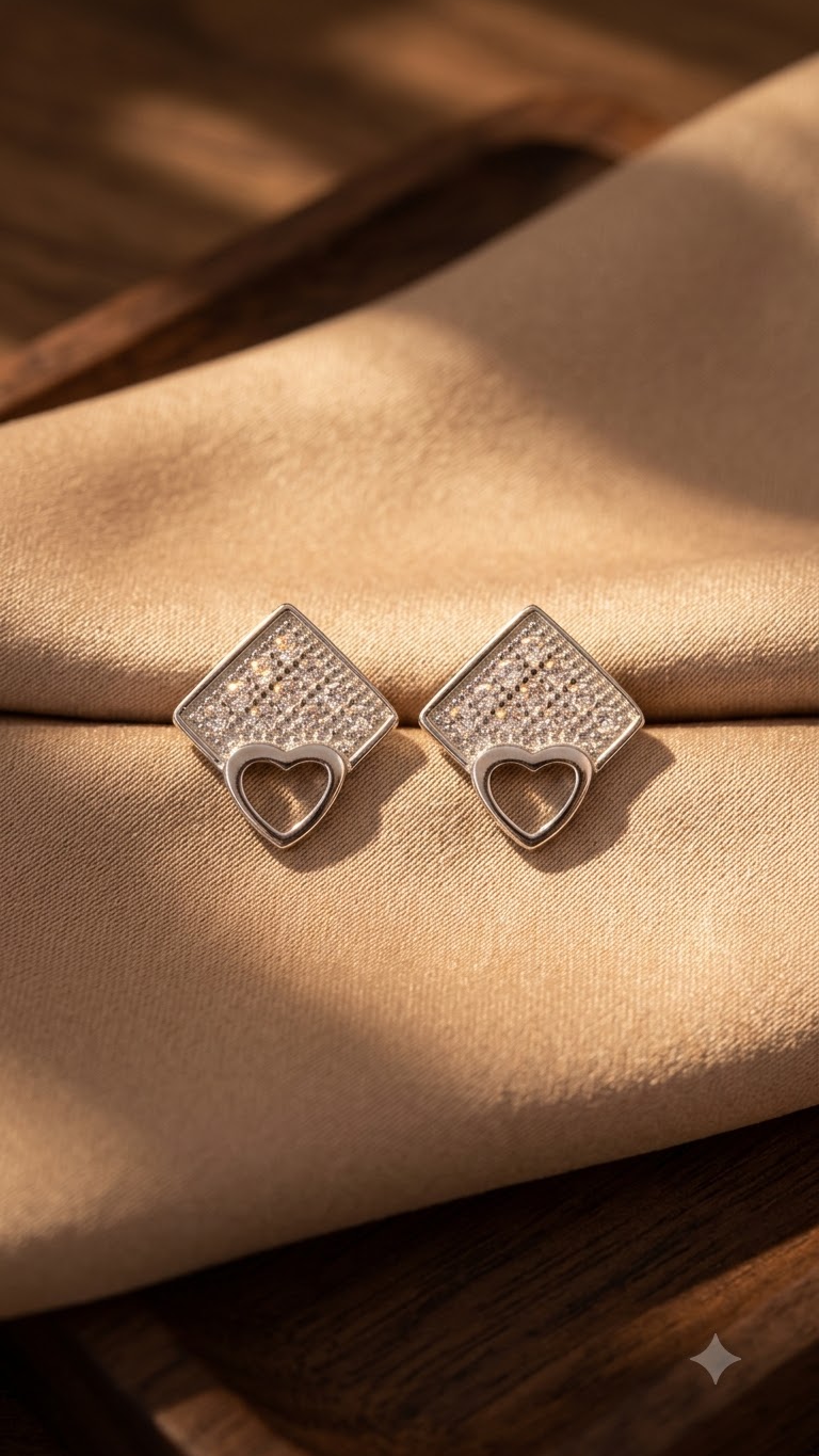925 Sterling Silver Cute Heart-Shaped And Square Cz Stud