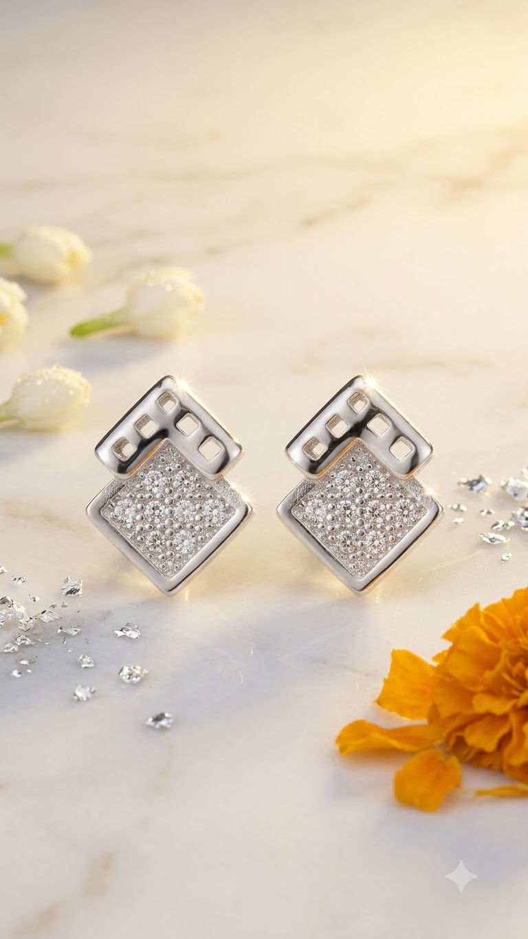 925 Sterling Silver Unique and Pair of Cubic Zircon Stud