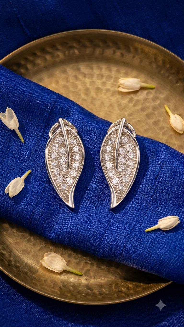 925 Sterling Silver Long Leaf Shape Cubic Zircon Studs