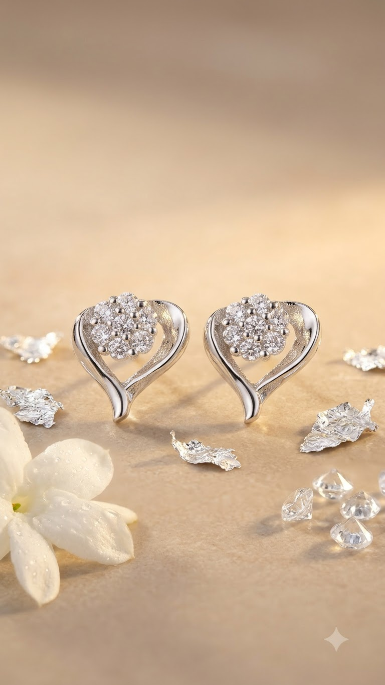 925 Sterling Silver Pair of Designer Love Heart Studs With Cubic Zirconia CZ Stones