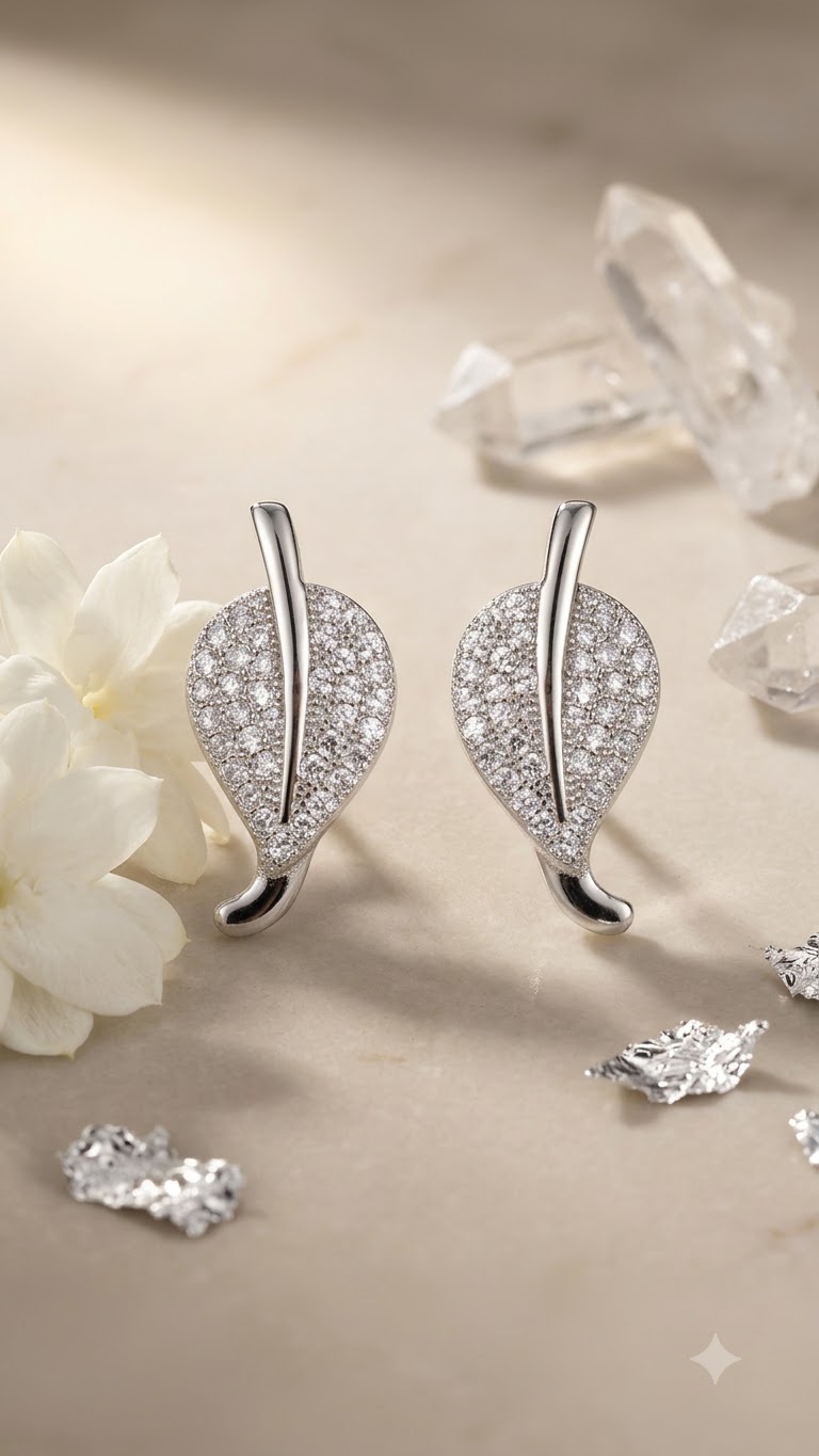 925 Sterling Silver Big Leaf Shape Cubic Zircon Studs