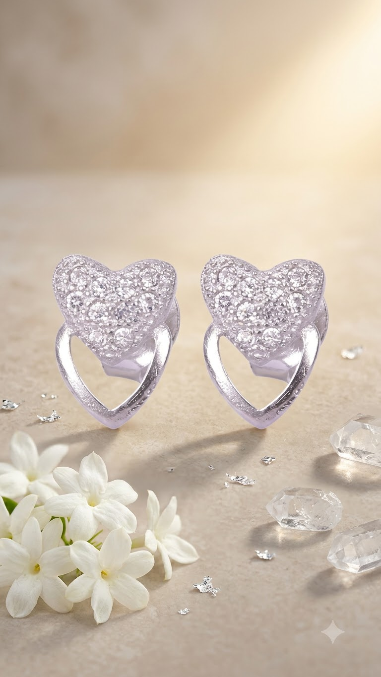 925 Sterling Silver Heart-Shaped Cubic Zirconia Studs Earrings