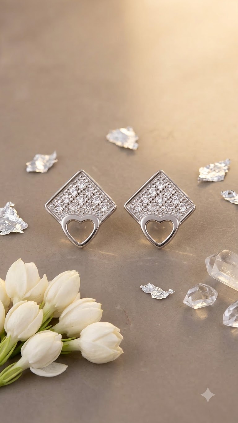 925 Sterling Silver Cute Heart-Shaped And Square Cz Stud