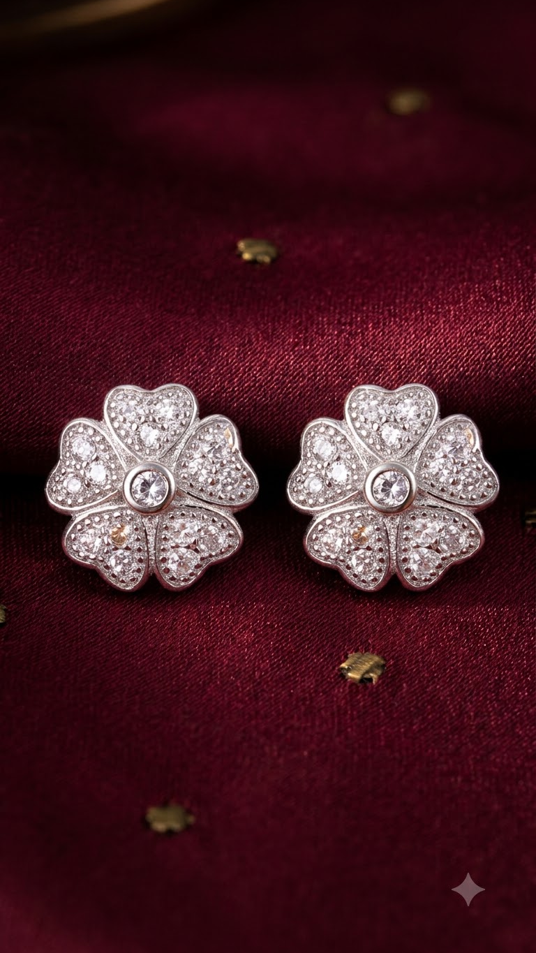 925 Sterling Silver Flower Shape Cz Studs