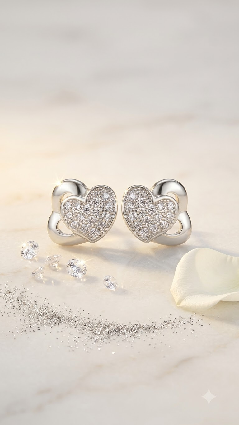 925 Sterling Silver Heart-Shaped Cubic Zirconia Studs Earrings