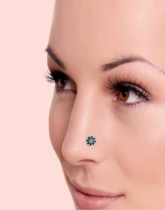 Designer Round Flower Shape Nose Pin with wire in 92.5 Oxidized Silver