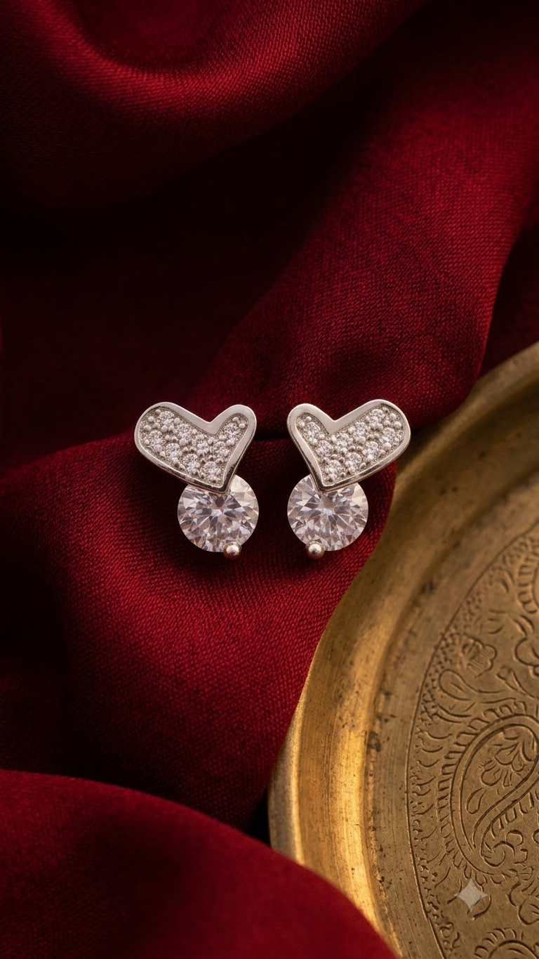 925 Sterling Silver Heart-Shaped Cubic Zirconia Studs Earrings