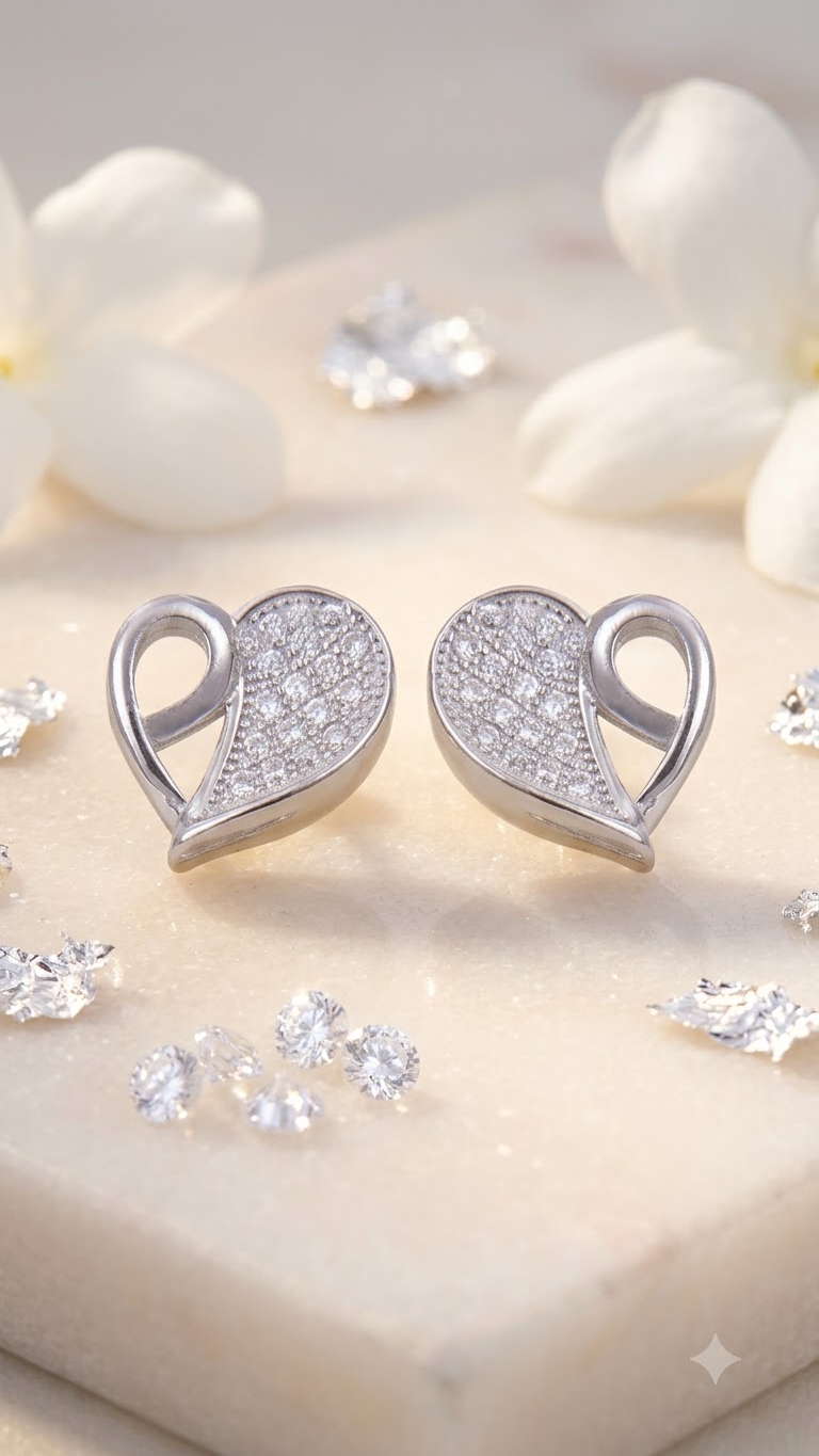 925 Sterling Silver Heart-Shaped Cubic Zirconia Studs Earrings