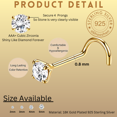 18K Gold Plated Dot Size Tiny Round 4 MM White CZ Nose Pin with wire in 92.5 Silver