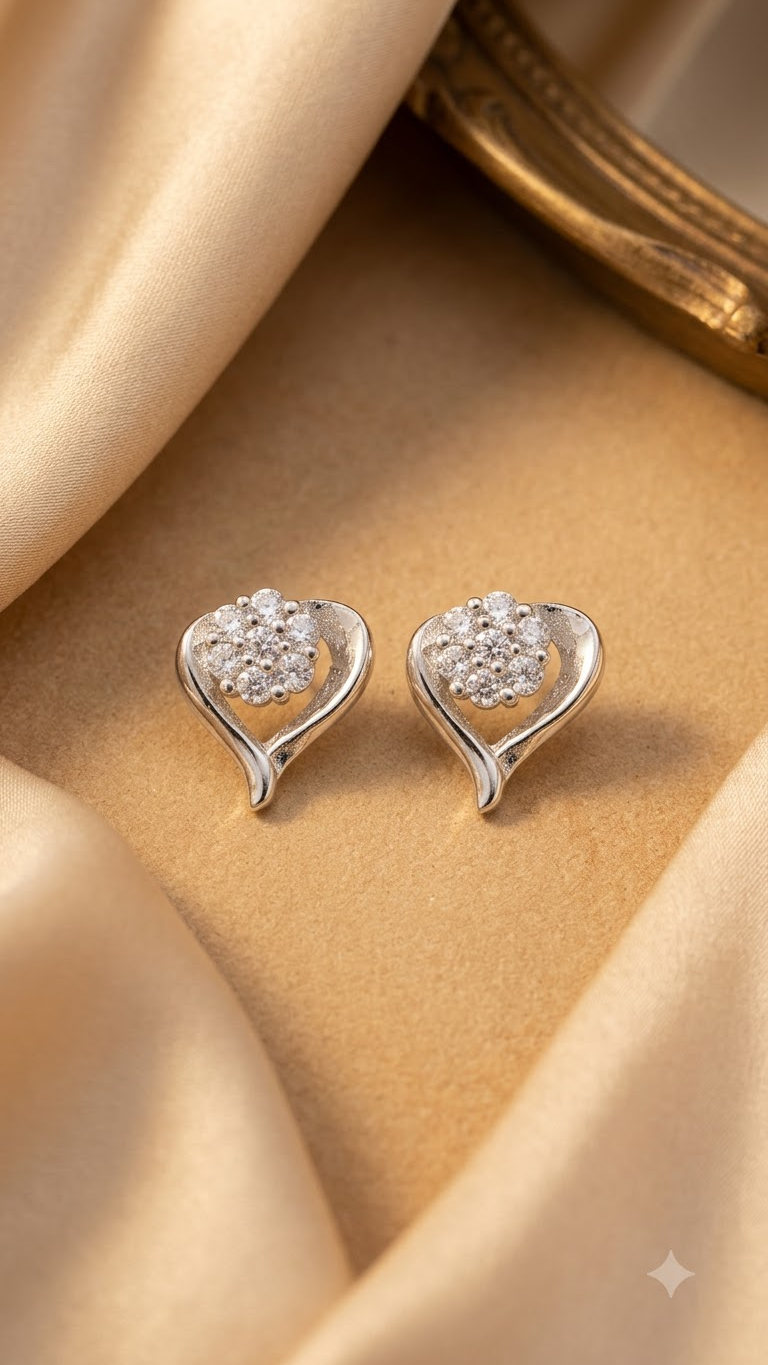 925 Sterling Silver Pair of Designer Love Heart Studs With Cubic Zirconia CZ Stones