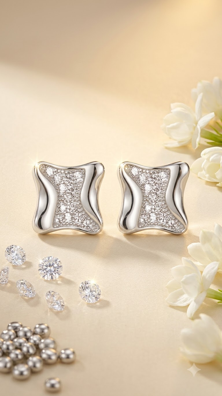 925 Sterling Silver Square Shape Cz Stud