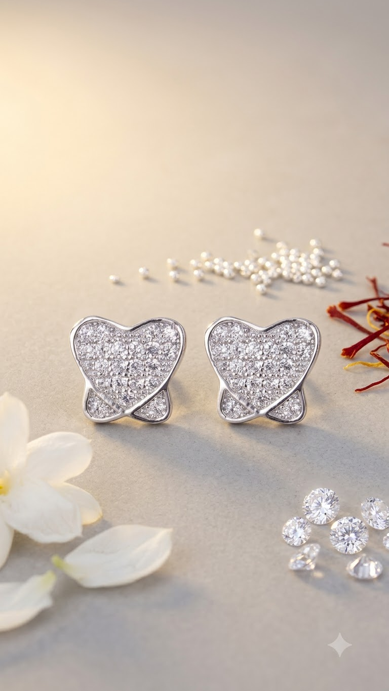925 Sterling Silver unique pair of Heart-Shaped Cubic Zircon Stud Earrings