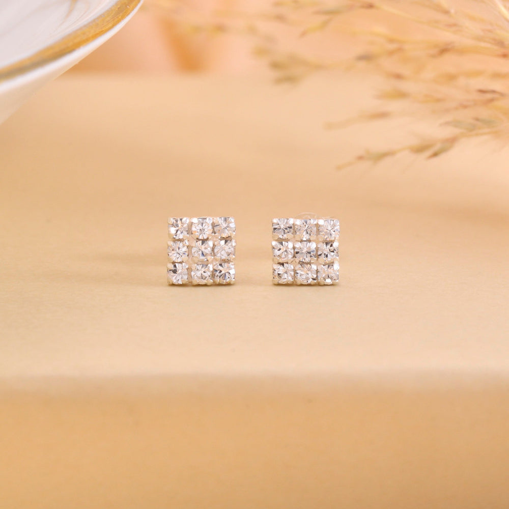 92.5 Silver Small Square Studs Unisex Earrings in Silver and White Cubic Zirconia CZ - Studs
