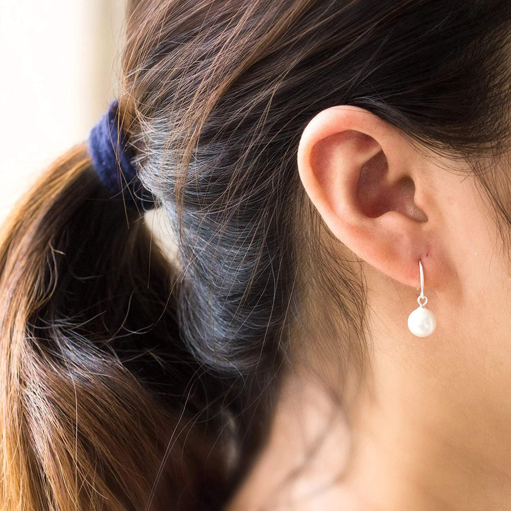92.5 Sterling Silver 14mm Hoop Earrings with 8mm hanging White Pearl - Hoops