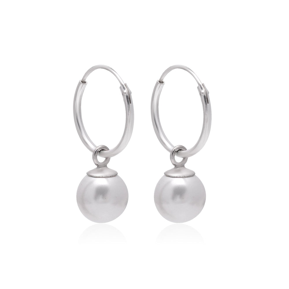 92.5 Sterling Silver 14mm Hoop Earrings with 8mm hanging White Pearl - Hoops
