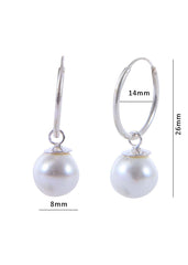 92.5 Sterling Silver 14mm Hoop Earrings with 8mm hanging White Pearl - Hoops
