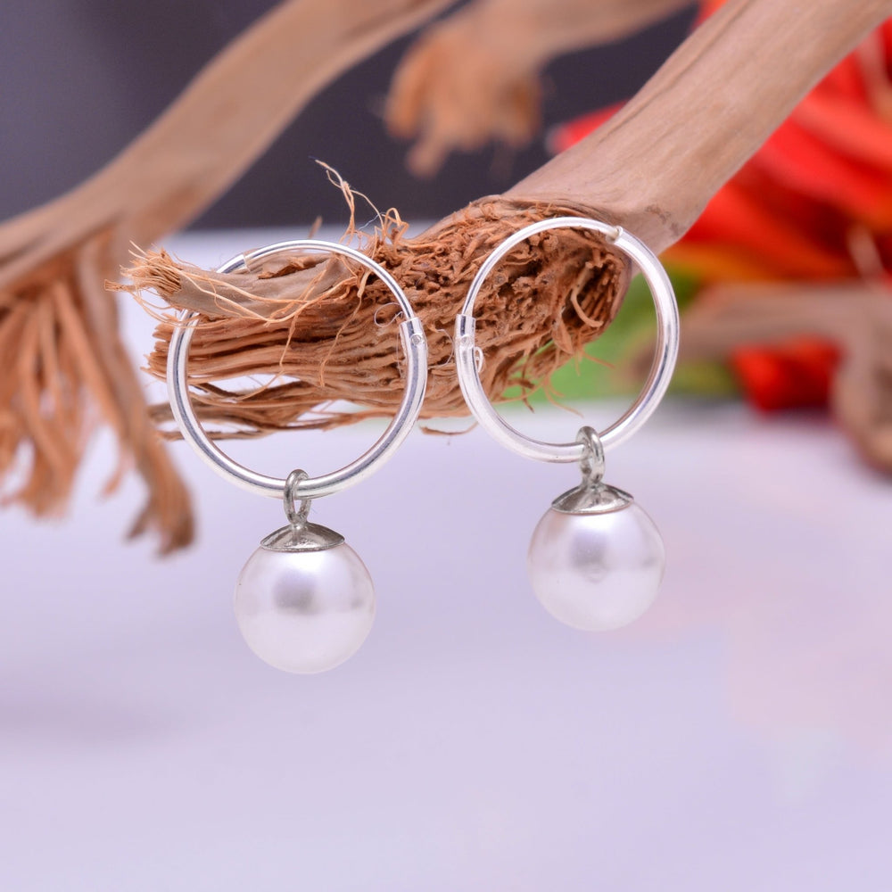 92.5 Sterling Silver 14mm Hoop Earrings with 8mm hanging White Pearl - Hoops