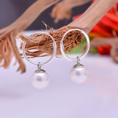 92.5 Sterling Silver 14mm Hoop Earrings with 8mm hanging White Pearl - Hoops