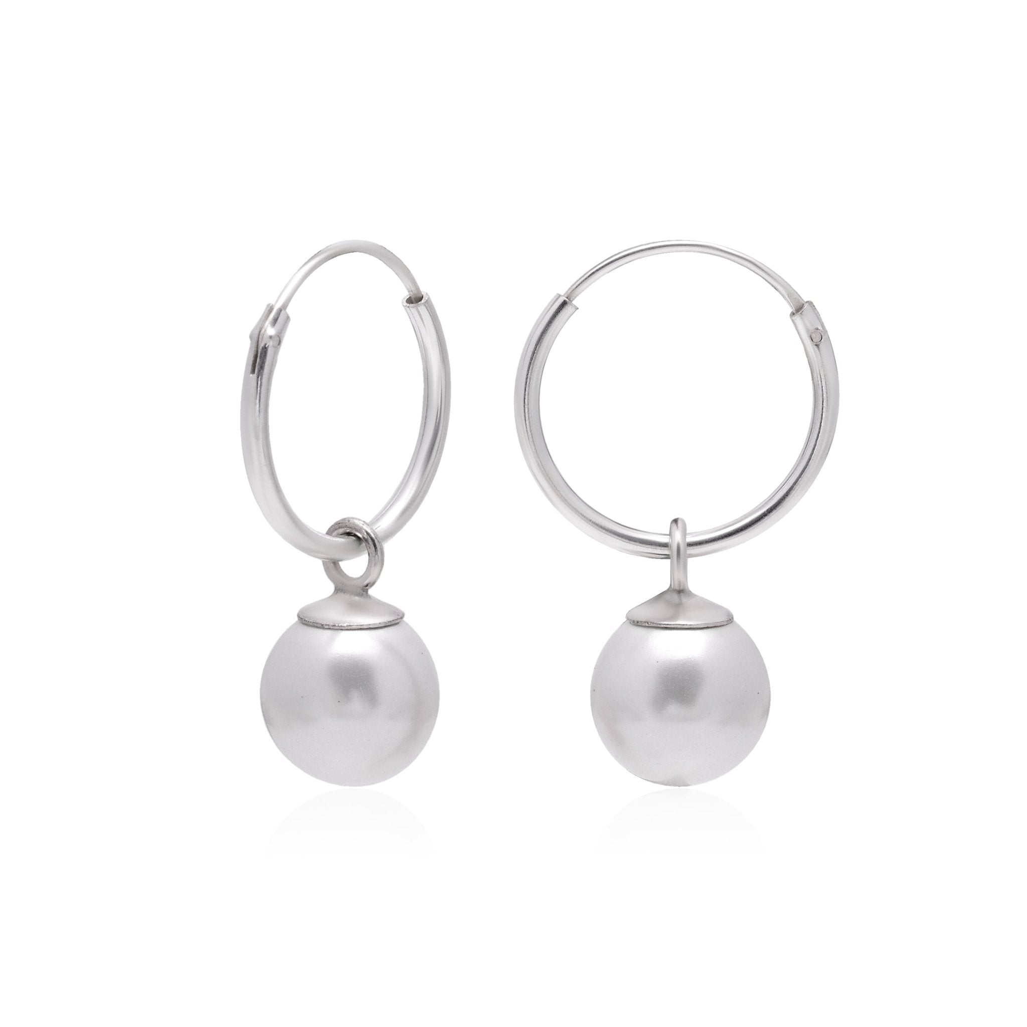 92.5 Sterling Silver 14mm Hoop Earrings with 8mm hanging White Pearl - Hoops