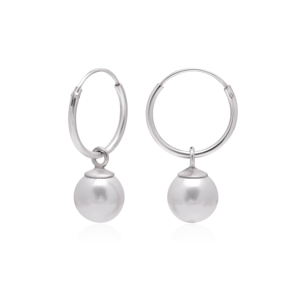 92.5 Sterling Silver 14mm Hoop Earrings with 8mm hanging White Pearl - Hoops