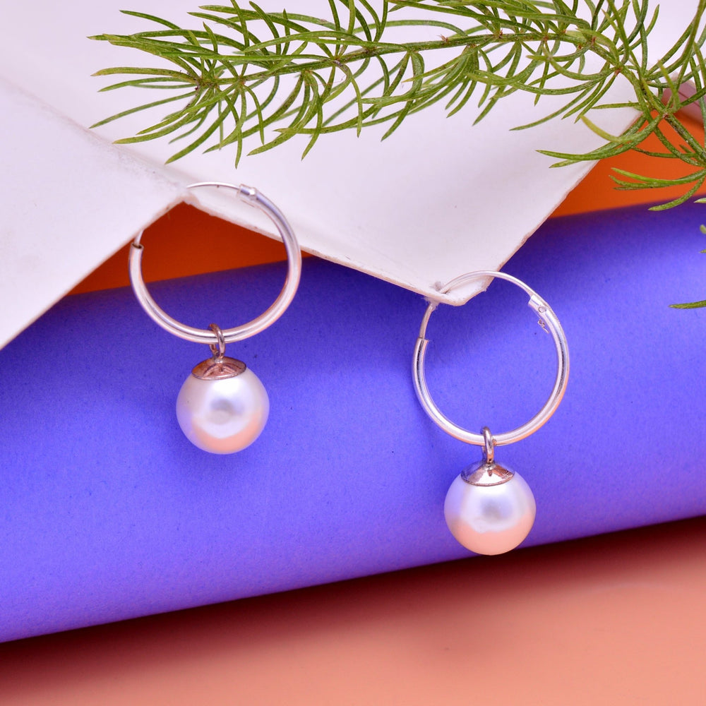 92.5 Sterling Silver 14mm Hoop Earrings with 8mm hanging White Pearl - Hoops