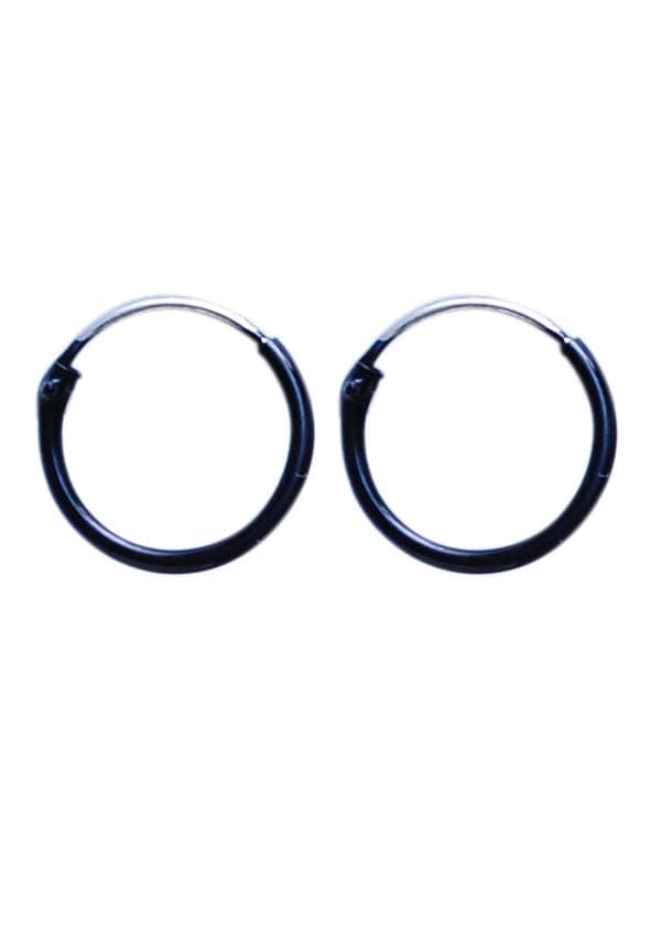 925 Sterling Silver Cute and Little Pair of Black Enamel Hoop Earrings - Hoops