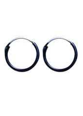 925 Sterling Silver Cute and Little Pair of Black Enamel Hoop Earrings - Hoops