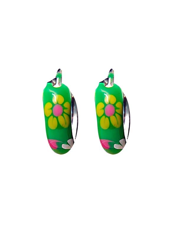 925 Sterling Silver Cute Pair of Green Enamel Hoop Earrings - Hoops