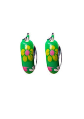 925 Sterling Silver Cute Pair of Green Enamel Hoop Earrings - Hoops