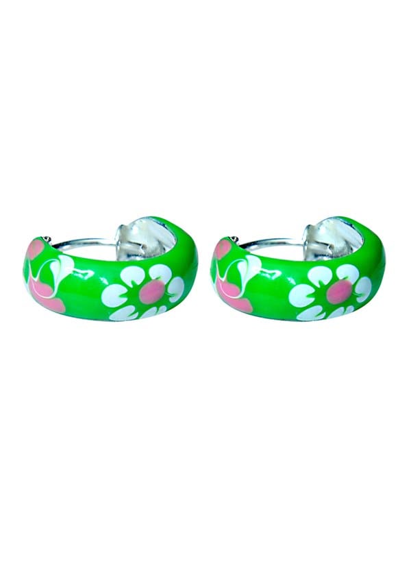 925 Sterling Silver Cute Pair of Green Enamel Hoop Earrings - Hoops