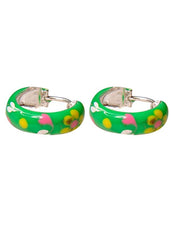 925 Sterling Silver Cute Pair of Green Enamel Hoop Earrings - Hoops