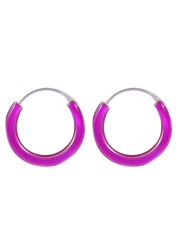 925 Sterling Silver Cute Pair of Purple Enamel Hoop Earrings - Hoops