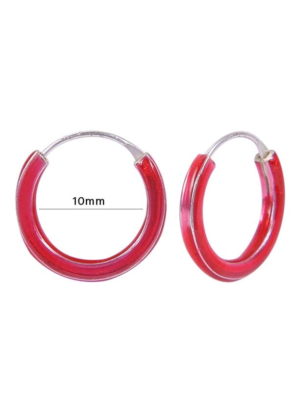 925 Sterling Silver Cute Pair of Red Enamel Hoop Earrings - Hoops