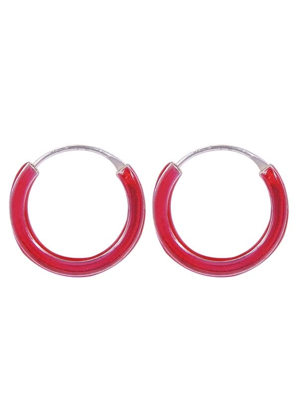 925 Sterling Silver Cute Pair of Red Enamel Hoop Earrings - Hoops