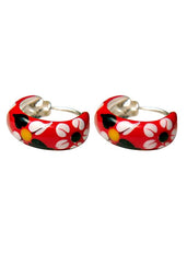 925 Sterling Silver Cute Pair of Red Enamel Hoop Earrings - Hoops
