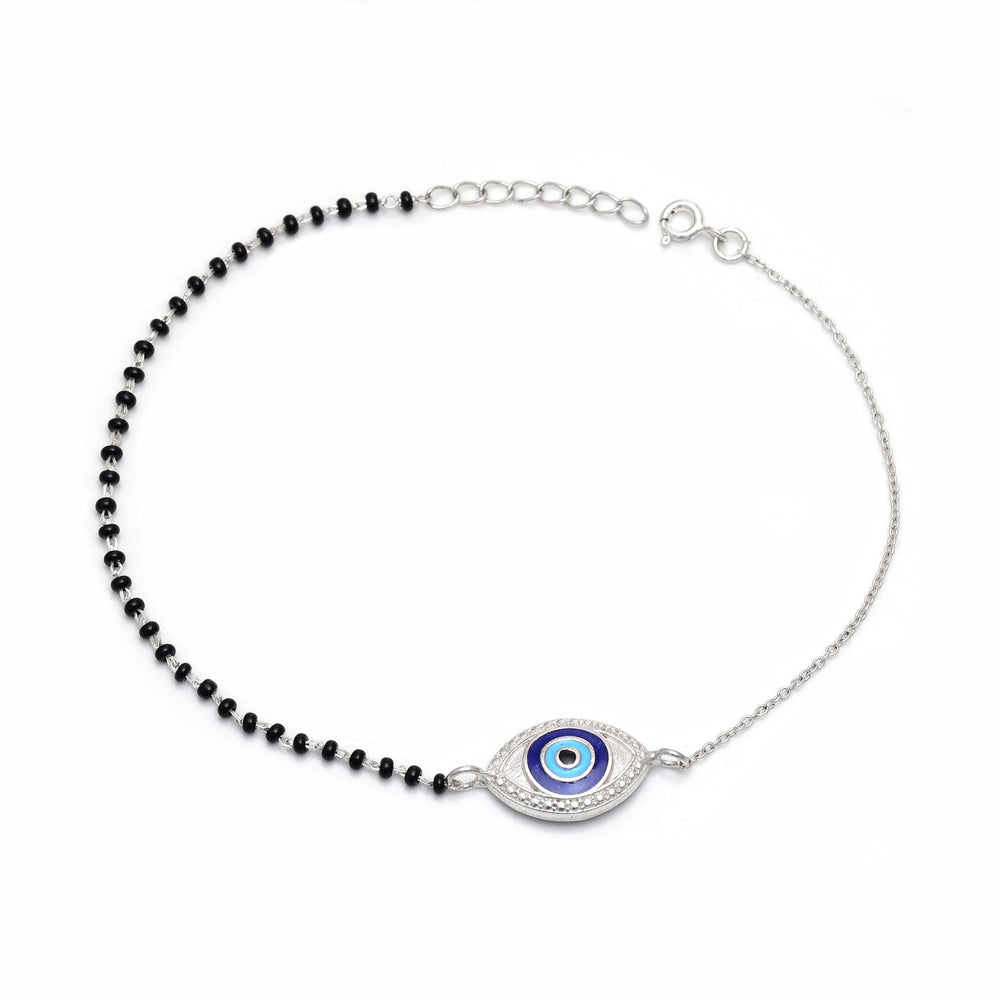 92.5 Sterling Silver Evil Eye Bracelet with Black Beads - Bangles And Bracelets
