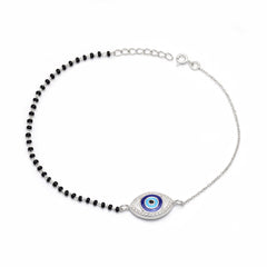 92.5 Sterling Silver Evil Eye Bracelet with Black Beads - Bangles And Bracelets