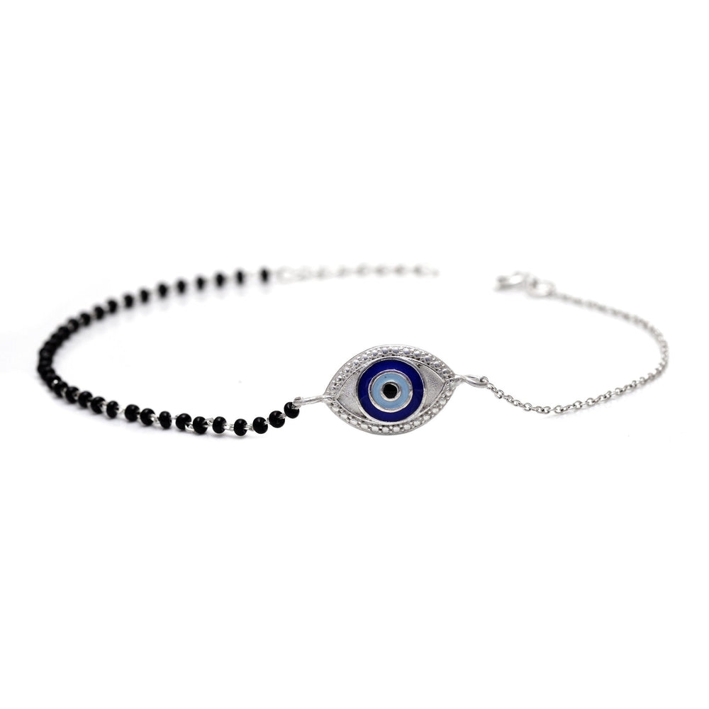 92.5 Sterling Silver Evil Eye Bracelet with Black Beads - Bangles And Bracelets