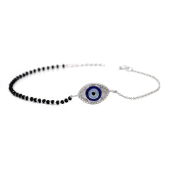 92.5 Sterling Silver Evil Eye Bracelet with Black Beads - Bangles And Bracelets
