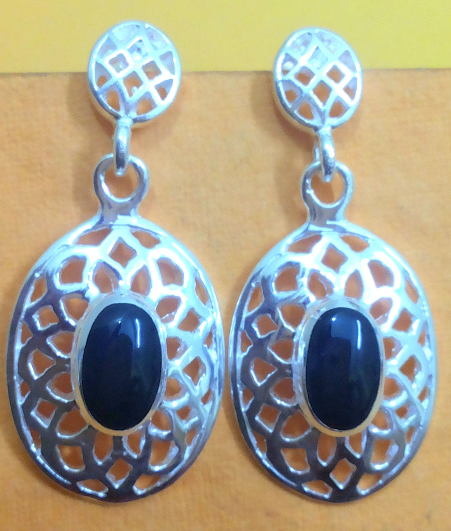 925 Sterling Silver Handmade Dangler Hanging Earrings with Black Onyx Stone - Danglers