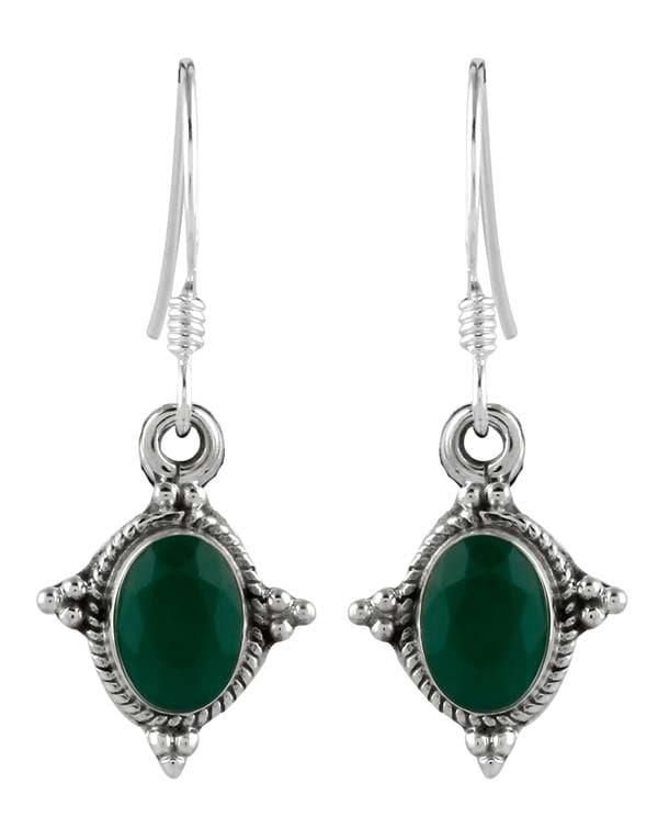 925 Sterling Silver Handmade Dangler Hanging Earrings with Green Onyx Stone - Danglers