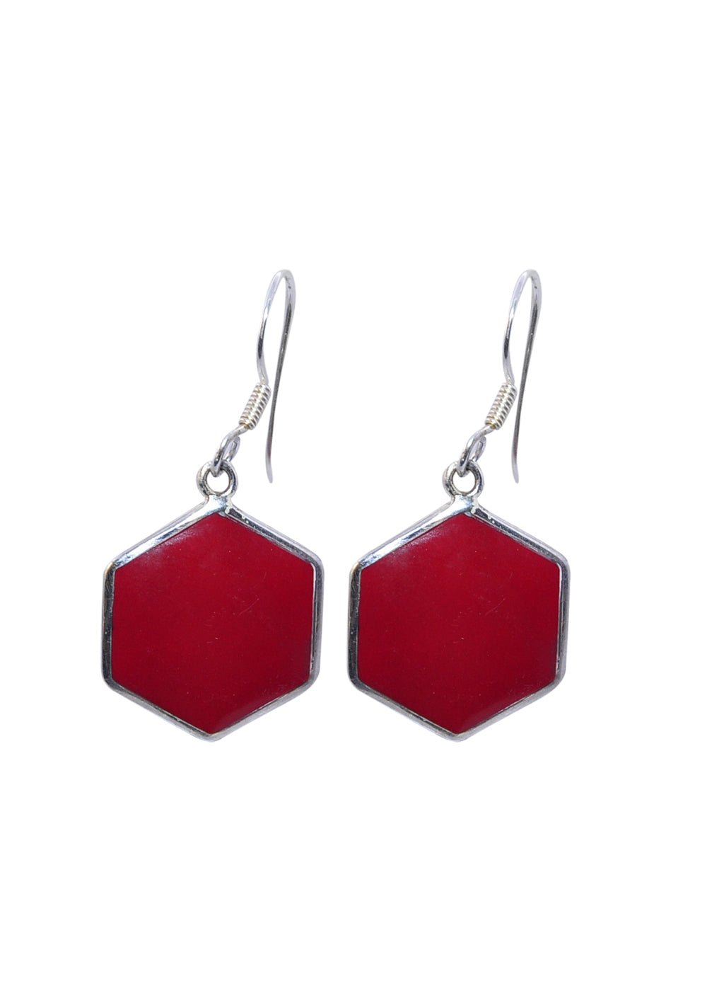 925 Sterling Silver Handmade Dangler Hanging Earrings with Hexagon Red Coral Stone - Danglers
