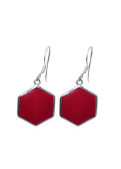 925 Sterling Silver Handmade Dangler Hanging Earrings with Hexagon Red Coral Stone - Danglers