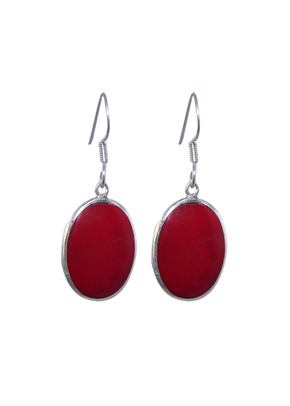 925 Sterling Silver Handmade Dangler Hanging Earrings with Oval Red Coral Stone - Danglers