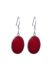 925 Sterling Silver Handmade Dangler Hanging Earrings with Oval Red Coral Stone - Danglers