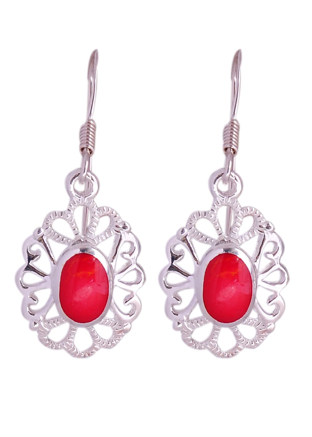 925 Sterling Silver Handmade Dangler Hanging Earrings with Red Coral Stone - Danglers